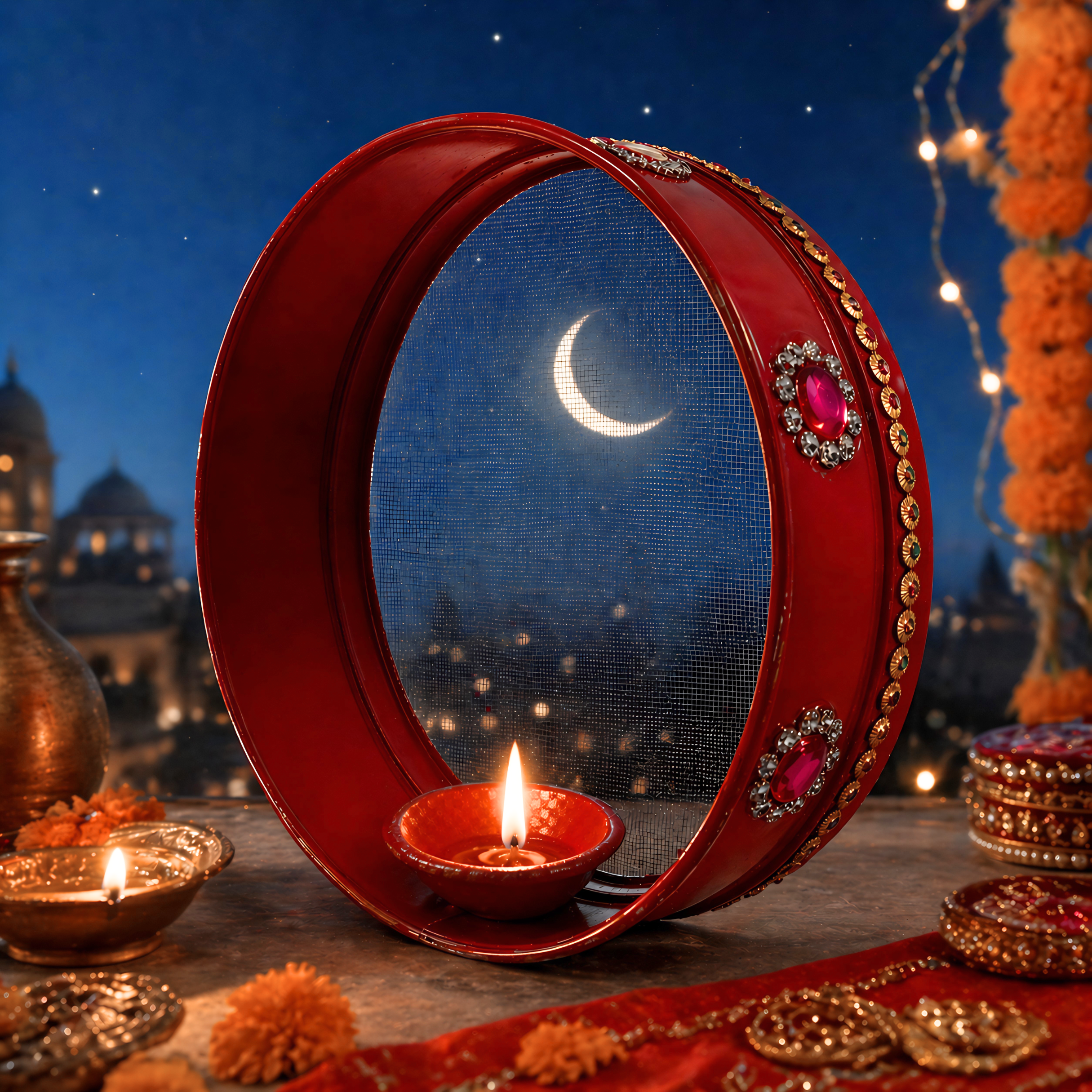 20564 Red Decorative Karwachauth Channi Sieve | Karva Chauth Thali Set for Puja | Karwa Chauth Gift for Wife