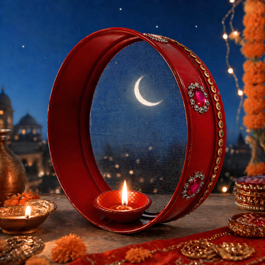 20564 Red Decorative Karwachauth Channi Sieve | Karva Chauth Thali Set for Puja | Karwa Chauth Gift for Wife
