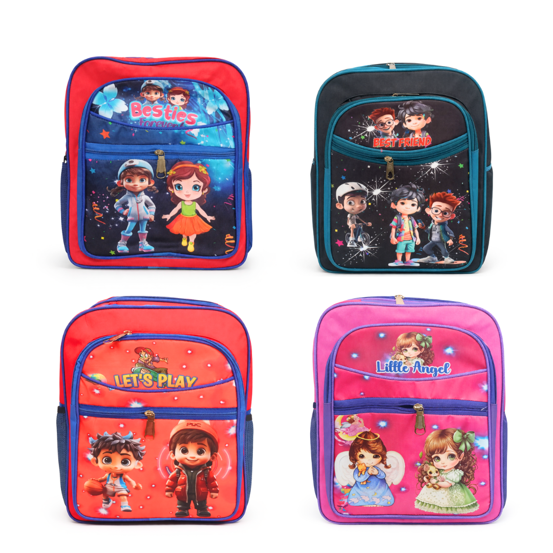 10610 School Bag for Boy & Girl & Cartoon Printed 4 Compartment {Random Design}