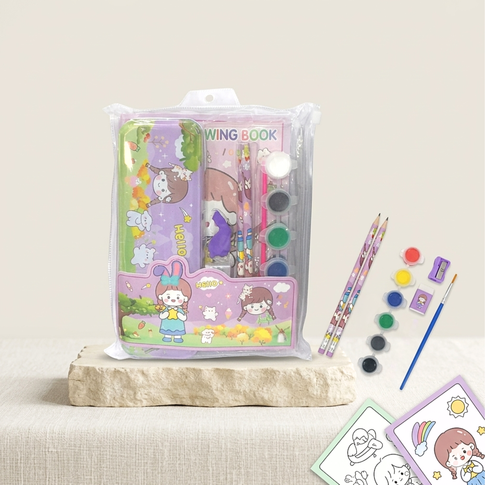 9926 8 In 1 Cartoon Print Stationery Set 1 Compass 2 Pencils 1 Eraser 1 Sharpener 1 Paint Brush 1 Water Color 1 Cap for Kids Girls Boys School Activity Birthday Party Return Gifts