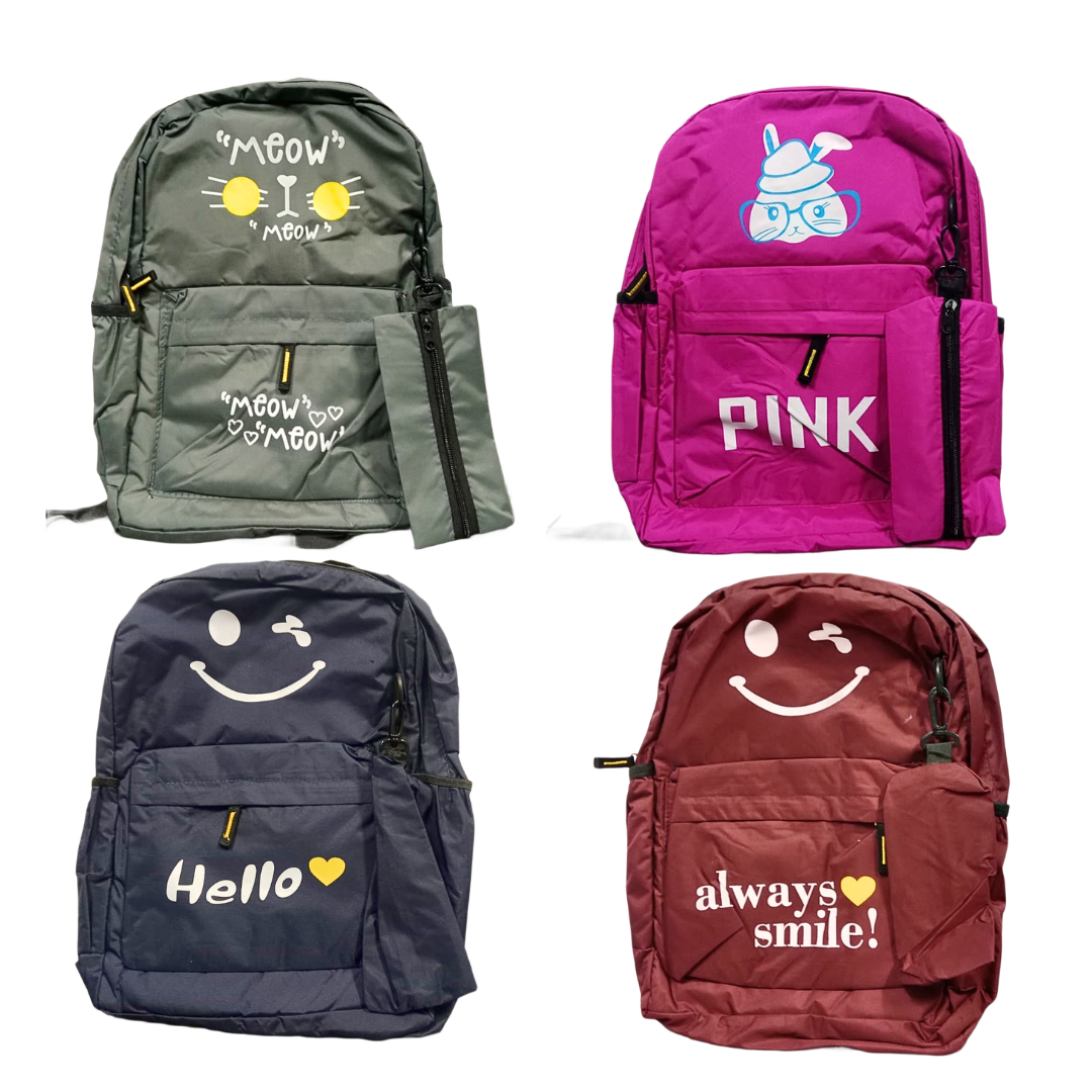 20417 Cute Attractive It's Mine Printed Style Backpack with pouch College Office bag for Girls and Boys {2 Compartment} Size=40*28*15 {Random Color}