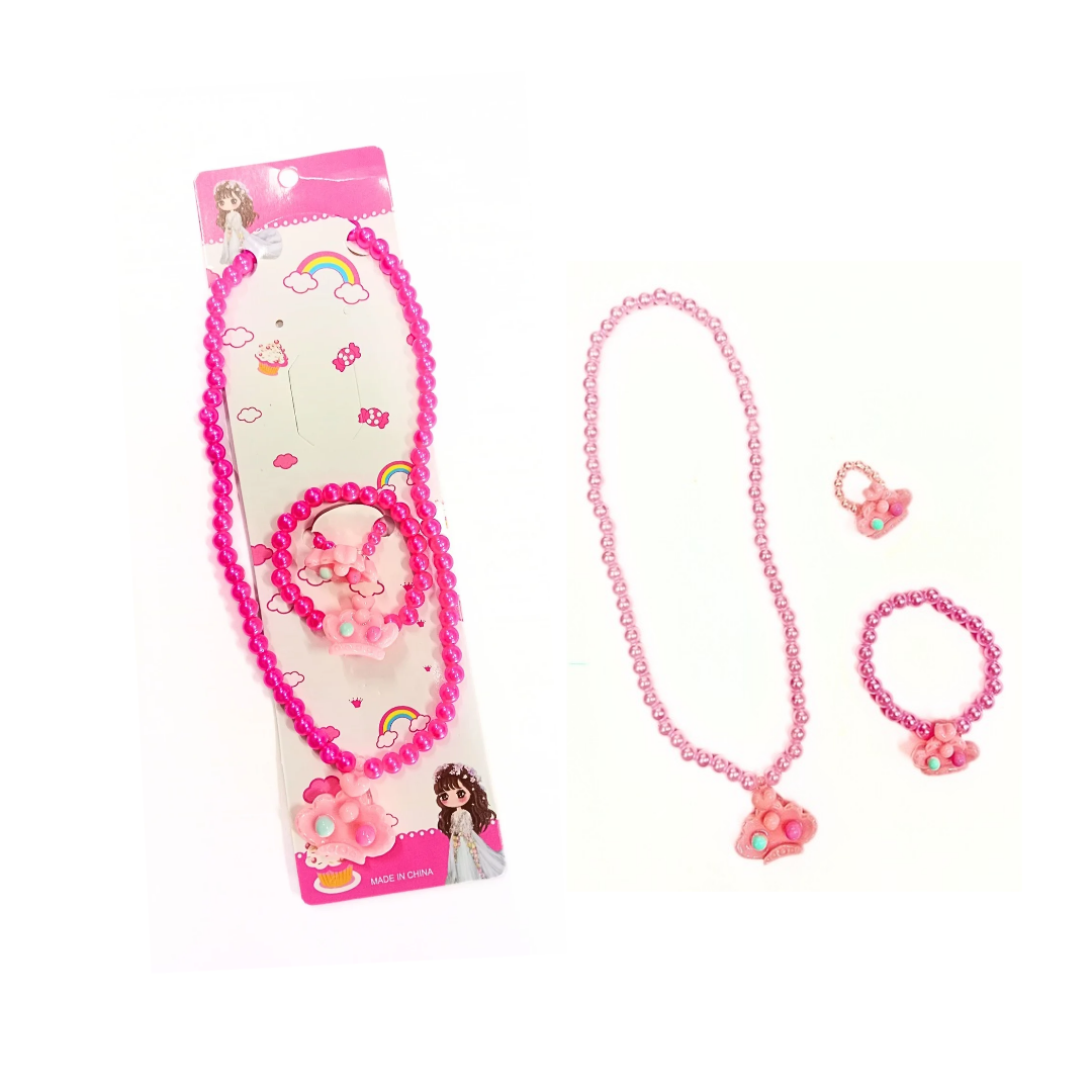 11220-1 Cute Pink Beads Necklace With Bracelet and Ring Jewellery Set for Girls {Random Design}