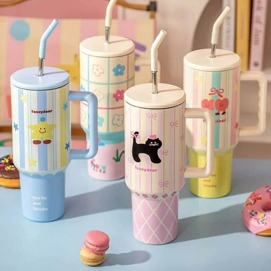 20953 Korean Cute Tumbler with Straw & Handle, (710 mL) Travel Mug for Women & Girls, Leakproof Double Wall 316 Stainless Steel Insulated Cup for Coffee, Water, Juice & Cold Drinks