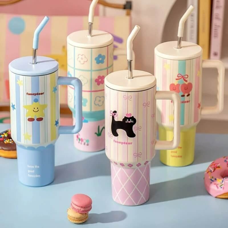 20953 Korean Cute Tumbler with Straw & Handle, (710 mL) Travel Mug for Women & Girls, Leakproof Double Wall 316 Stainless Steel Insulated Cup for Coffee, Water, Juice & Cold Drinks