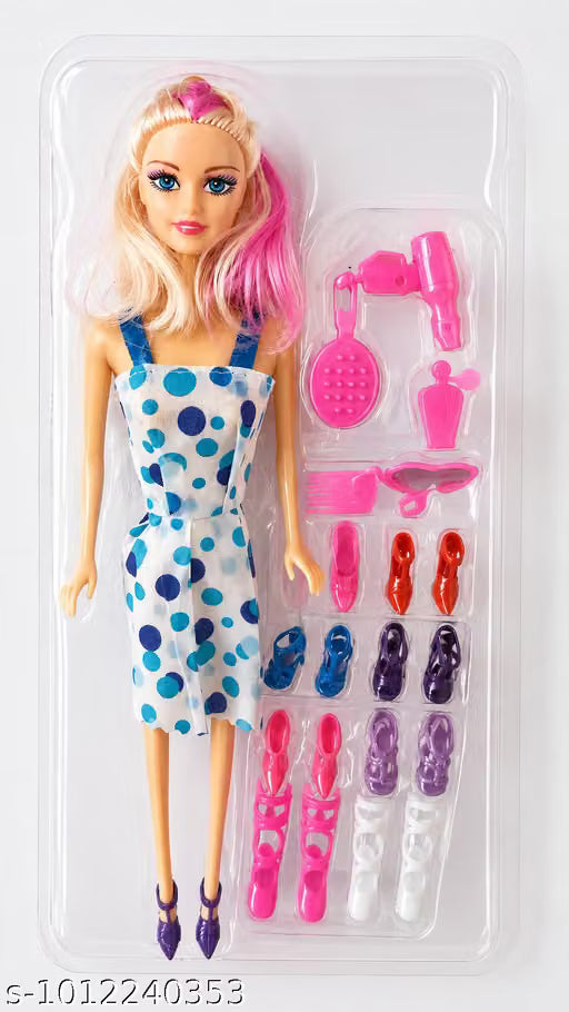 RT-410 Fashion Beauty Doll with 12 Pair Shoes & Beauty Accessories Set for Girls | Plastic Dress-Up Doll Toy | Multicolor