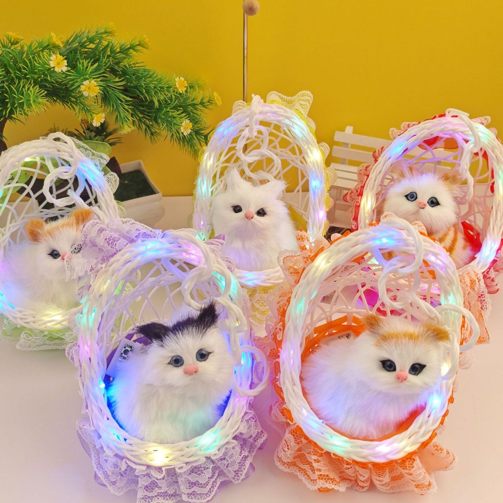20567 Fluffy Cat With Sound Plush Figurine in Hanging Basket, with Colorful Lights & Music White, Soft Plush Material, with ON/Off Sound Feature, Home Decor Accent