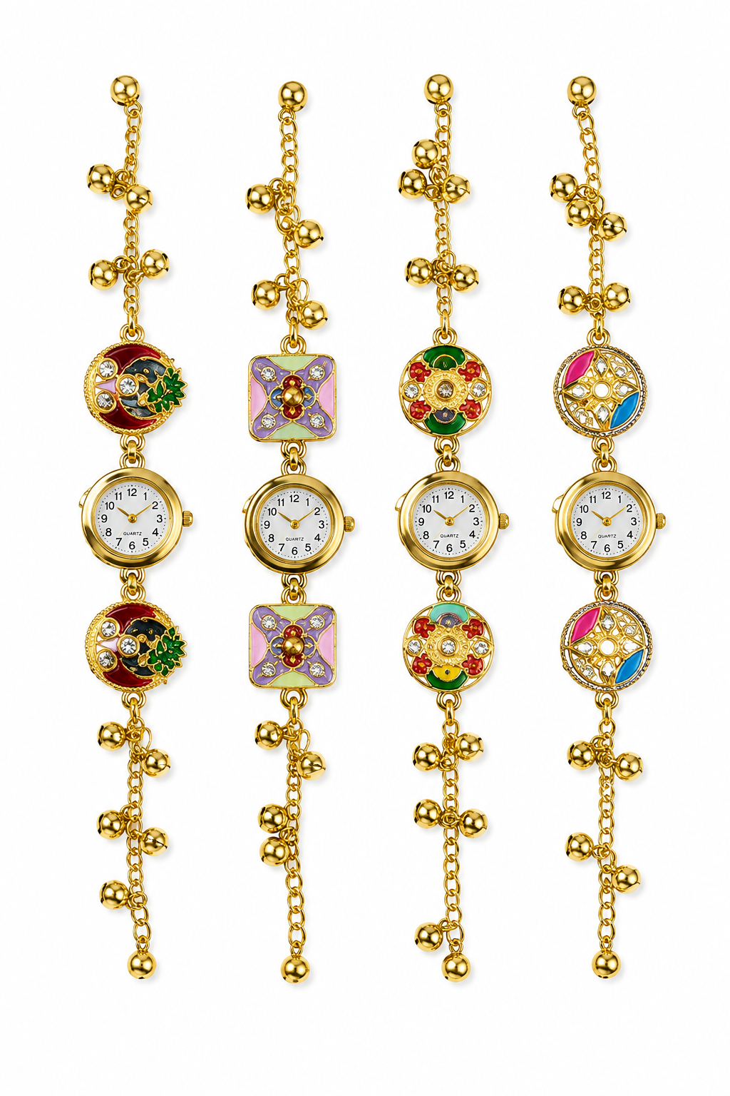 20964 Traditional Floral Bracelet Watch for Women | Gold Plated Analog Wrist Watch with Red Floral Design | Ethnic Jewelry Style Watch for Girls & Women