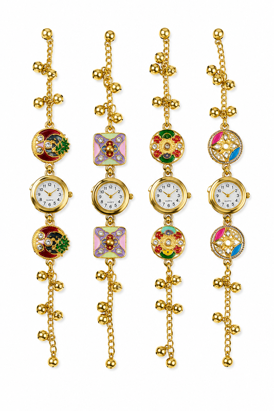 20964 Traditional Floral Bracelet Watch for Women | Gold Plated Analog Wrist Watch with Red Floral Design | Ethnic Jewelry Style Watch for Girls & Women