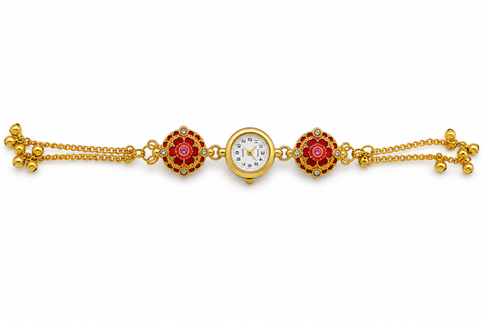 20964 Traditional Floral Bracelet Watch for Women | Gold Plated Analog Wrist Watch with Red Floral Design | Ethnic Jewelry Style Watch for Girls & Women