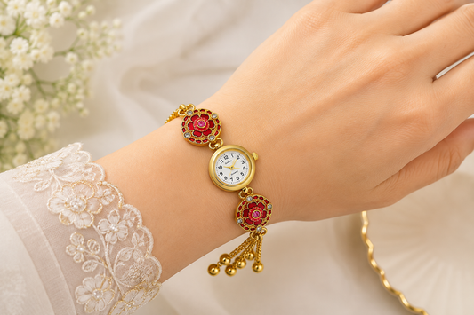 20964 Traditional Floral Bracelet Watch for Women | Gold Plated Analog Wrist Watch with Red Floral Design | Ethnic Jewelry Style Watch for Girls & Women