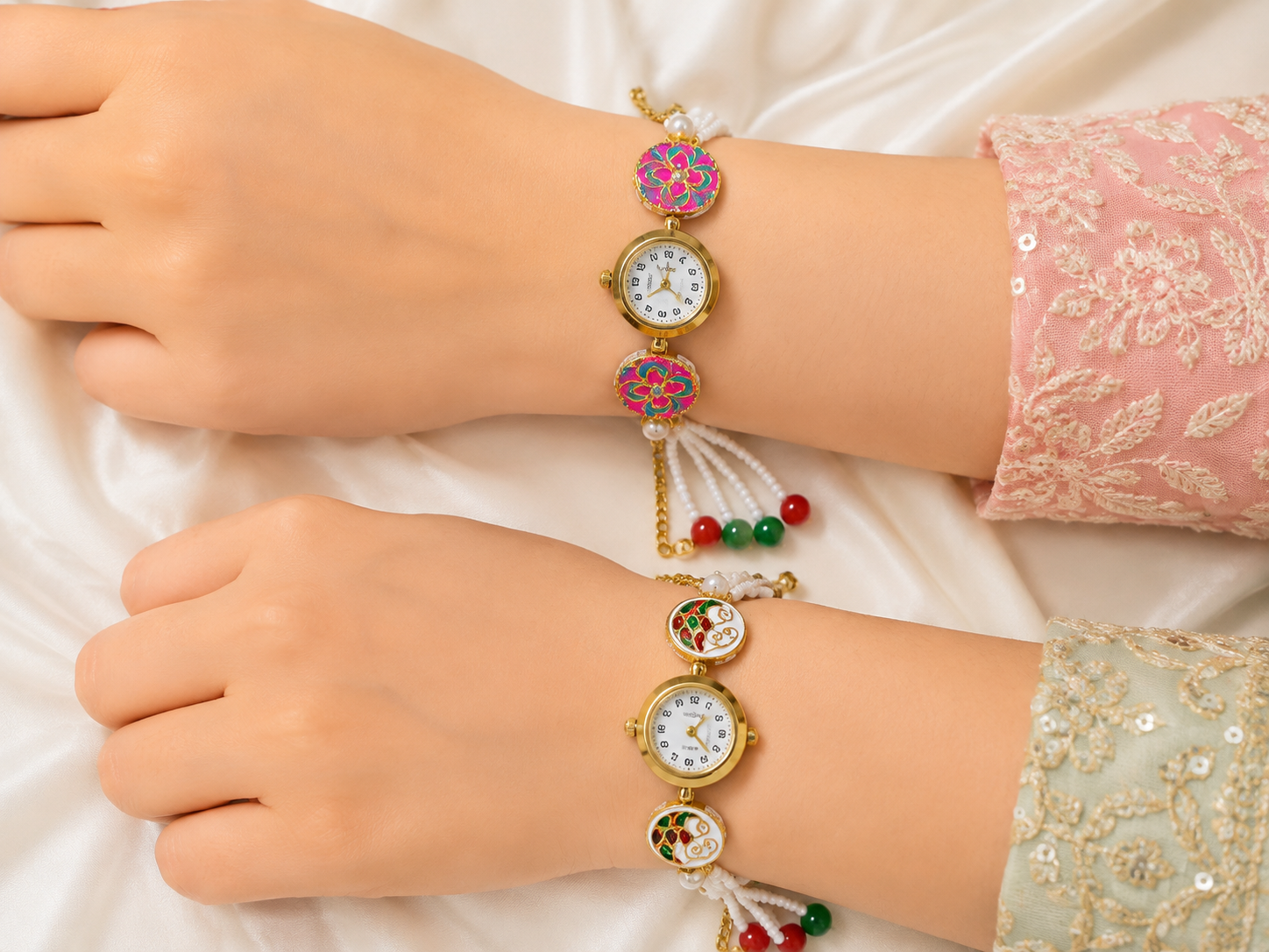 20963 Elegant Floral Beaded Bracelet Watch for Women | Traditional White Pearl Hand Bracelet Wrist Watch | Festive & Ethnic Fashion Accessory