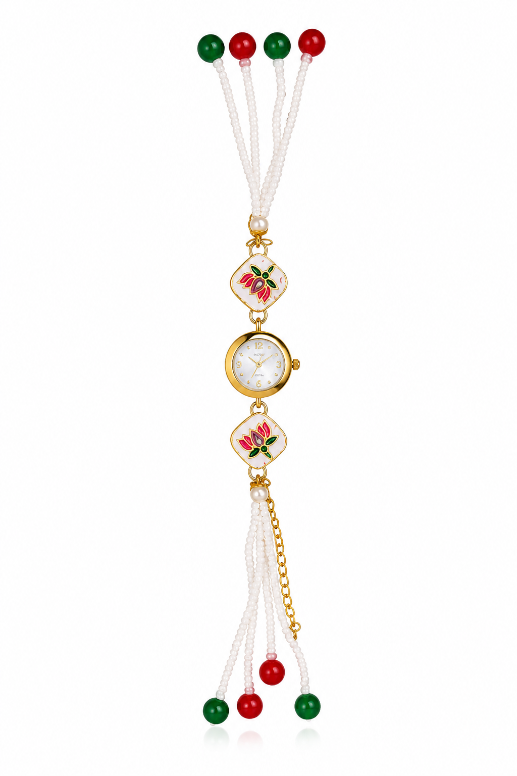 20963 Elegant Floral Beaded Bracelet Watch for Women | Traditional White Pearl Hand Bracelet Wrist Watch | Festive & Ethnic Fashion Accessory