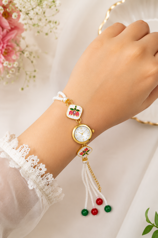 20963 Elegant Floral Beaded Bracelet Watch for Women | Traditional White Pearl Hand Bracelet Wrist Watch | Festive & Ethnic Fashion Accessory