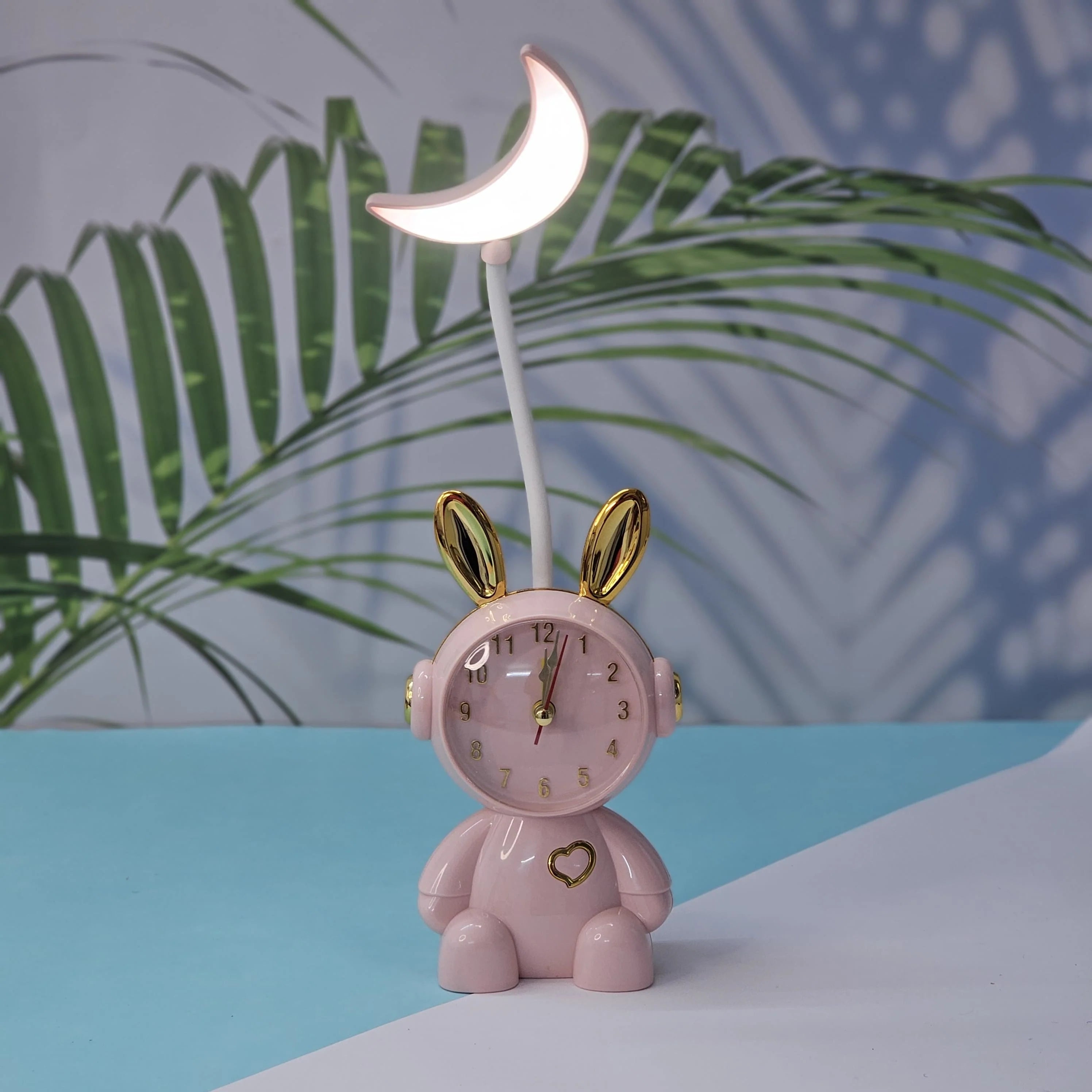HD-3419 Cute Bunny Desk Clock with LED Moon Lamp, Pink and Gold Accents