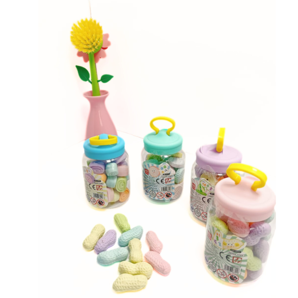 10637 Imported Kawai Erasers For Kids School - Fun Coin, Candy, And Groundnuts Shape Erasers (Jar Contains 30 Erasers ) Random