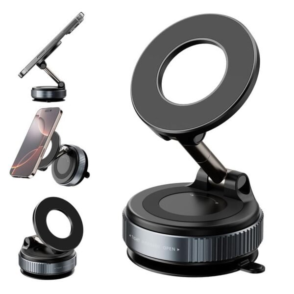 K007 Magnetic Mobile Phone Stand with Strong Magnets | 3-Axis Adjustable Arm | Heavy Duty Suction Mount for Desk, Wall, Car & Gym | Universal Holder for All Mobiles – Black