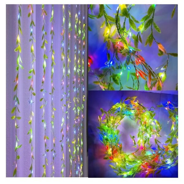 A202 Artificial Leaf Curtain String Lights for Decoration Multicolor LED Green Vine Hanging Lights Plug-in Fairy Curtain Lights for Wall, Bedroom, Balcony, Diwali, Christmas, Wedding Lighting