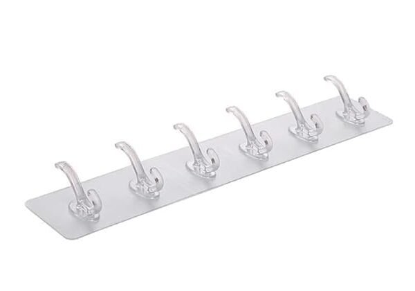 RAH-11 Multipurpose Adhesive Hook Rail – 6 Transparent Hooks for Wall | No Punching, Heavy Duty.