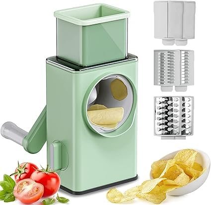 10842 Rotary Cheese Grater 2.0 -Round Mando line Slicer for Kitchen Vegetable Slicer Cutter Cheese Shredder with Handle, Enlarged Feeder Chute and 3 Drum Blades for Vegetable, Potato Cutter