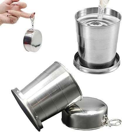 10823 Small Foldable Glass Compact Portable Folding Stainless Steel Travel Mug - 120ml Water Cup with Hanging Chain for Camping, Hiking & Outdoor Adventures