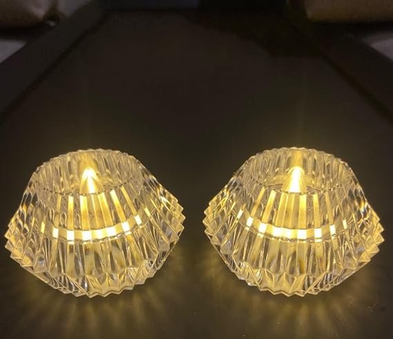 10837 Crystal Diamond Diya Candle Smokeless & Flameless LED Tealight Acrylic Decorative Tea Light Candles for Diwali, Home Decor, Gifting, Birthday, Christmas, Festival Decoration