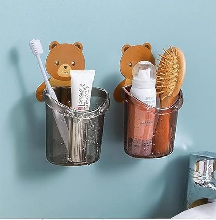 10824 Toothbrush Teddy Bear Holder for Bathroom Waterproof Face-Cream, Teddy Bear Shaped with Cup Drain (Multicolour)