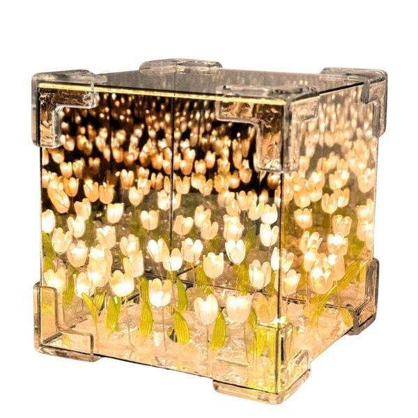 10878 TOOLS Artificial Tulips in Crystal Box – Handmade DIY {Random Colour} Tulip Cube Mirror Lamp, LED Night Light for Bedroom, Unique Flower Table Lamp - (Square)