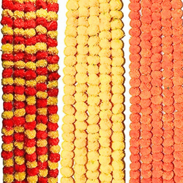 10849 ( Pack of 5 ) Marigold Garland for Decoration 5 Feet Long Strands Faux Marigold Flowers Indian Wedding Party Decor Artificial Marigold Garland for Pooja Fall Festival {Multicolours}