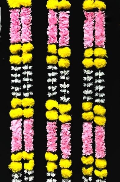 10856 ( Pack of 2 ) Artificial marigold ladi for office kitchen and diwali party decoration Marigold Garland for Decoration 5 Feet Long Strands Faux Marigold Flowers Indian Wedding Party Decor Artificial Marigold Garland for Pooja Fall Festival {Multicolours}