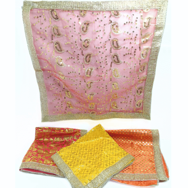 10929 Durga Maa Aasan Mat for MATA Ki Chowki, Navaratri  of Pooja Room Random Design & Colour Size-21* 18 Inches {Net Aasan }