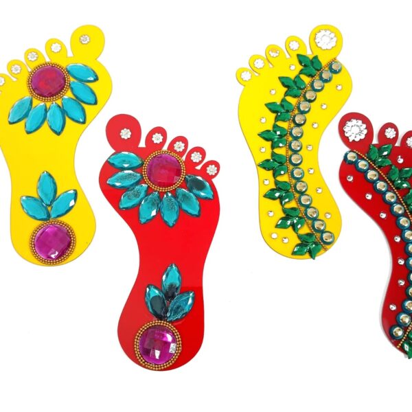 11014 Cristel Work Laxmi Charan Paduka | Laxmi Red & Yellow Paul | Goddess Laxmi Charan Paduka for Door and Wall Decoration {18 Cm }