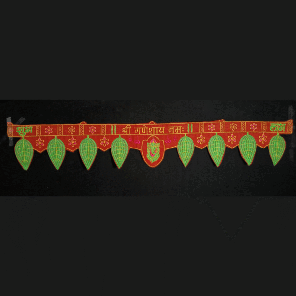 11009 Diwali Door Decoration Embroideid Artificial aam patta (Mango Leaves) Shree Ganeshay Namah badhanwar toran {35 Inch}