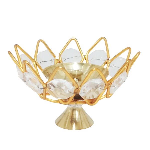 11106 Crystal Lotus Flower Diya, Gold Plated Brass Puja Lamp, Traditional Aarti Deepak, 8 cm Brass Crystal Diya Round Kamal Deep Oil Lamp for Puja and Diwali Decorate