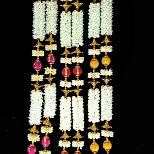 11099 {10 Pcs} Traditional Wall Hanging Decoration with Artificial Mogra Flowers, Plastic Beads & Large Golden Bells – Perfect for Home, Temple, Doorway, and Festival Decor 3 feet