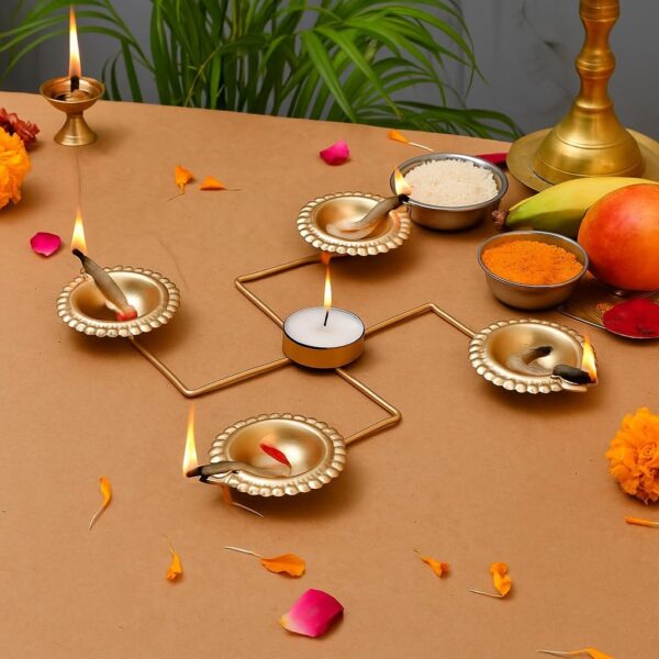 11104 Swastika Shape 4-Compartment Diya Stand – Decorative Metal Diya Holder with Central Tealight Space | Golden Traditional Puja & Diwali Décor (22cm)