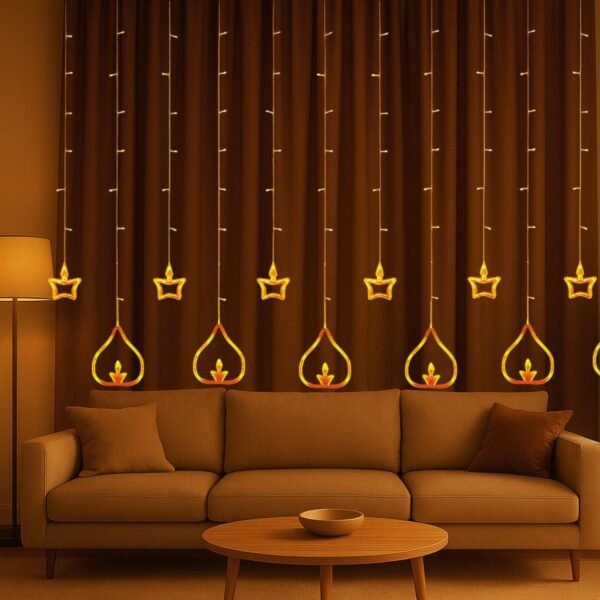 NC-A003-A Diya Lights Diwali String Curtain Lights – Warm White Indoor & Outdoor Lights for Home, Wall, Window, Indian Wedding, Garden, Bedroom, Christmas, Party, and Festive Decor- Corded Electric