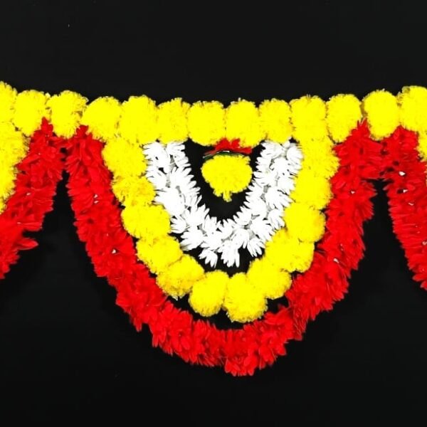 10990 Artificial Marigold & Mogra Flower Hanging Toran | Triple Layered Reusable Door Toran | for Main Door, Window, Festive Decorations {3 Feet}