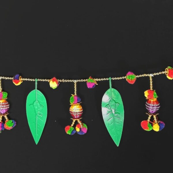 11108 Elegant Designer Bell Pom Pom with Green Leaves Door Hanging Toran Bandhanwar for Diwali Decoration Home { 3.5 feet }
