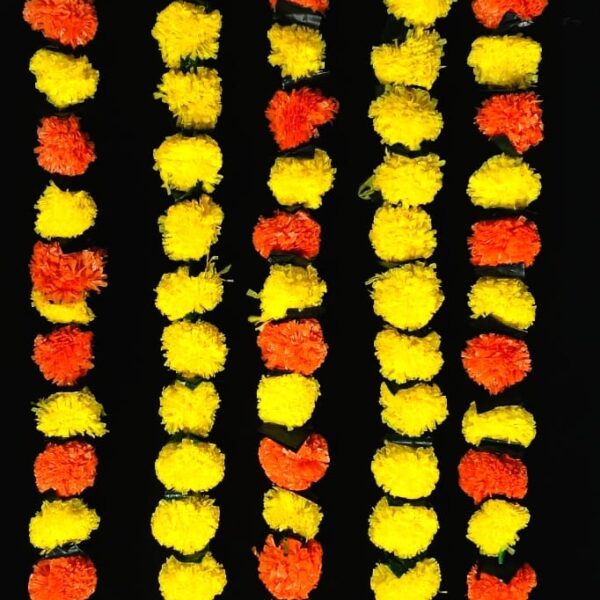 10962 {5 PCS} Artificial Marigold Flower Orange & Yellow Mix Fluffy Flowers Hanging Garlands String Approx 5 Ft Long - Diwali, Durga puja Festival Decor Home Decoration {Multicolour's}