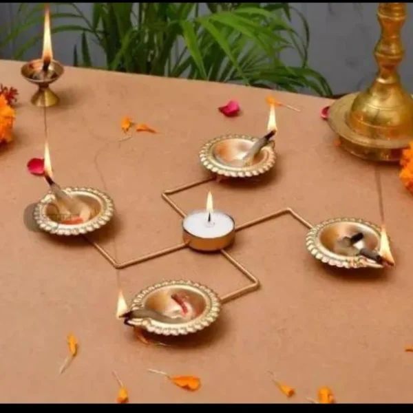 11104 Swastika Shape 4-Compartment Diya Stand – Decorative Metal Diya Holder with Central Tealight Space | Golden Traditional Puja & Diwali Décor (22cm)