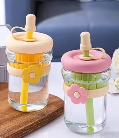 11138 Reusable Kids Glass Sipper Bottle – Leak-Proof & Flower Design Flower Band-500ML {Random Colour}