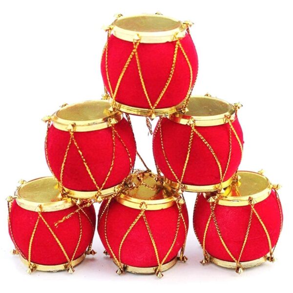 R-11-5 Red and Golden Velvet Drums {6 Pcs} | Mini Ornaments for Xmas Festival Gift Winter Holidays Decor|