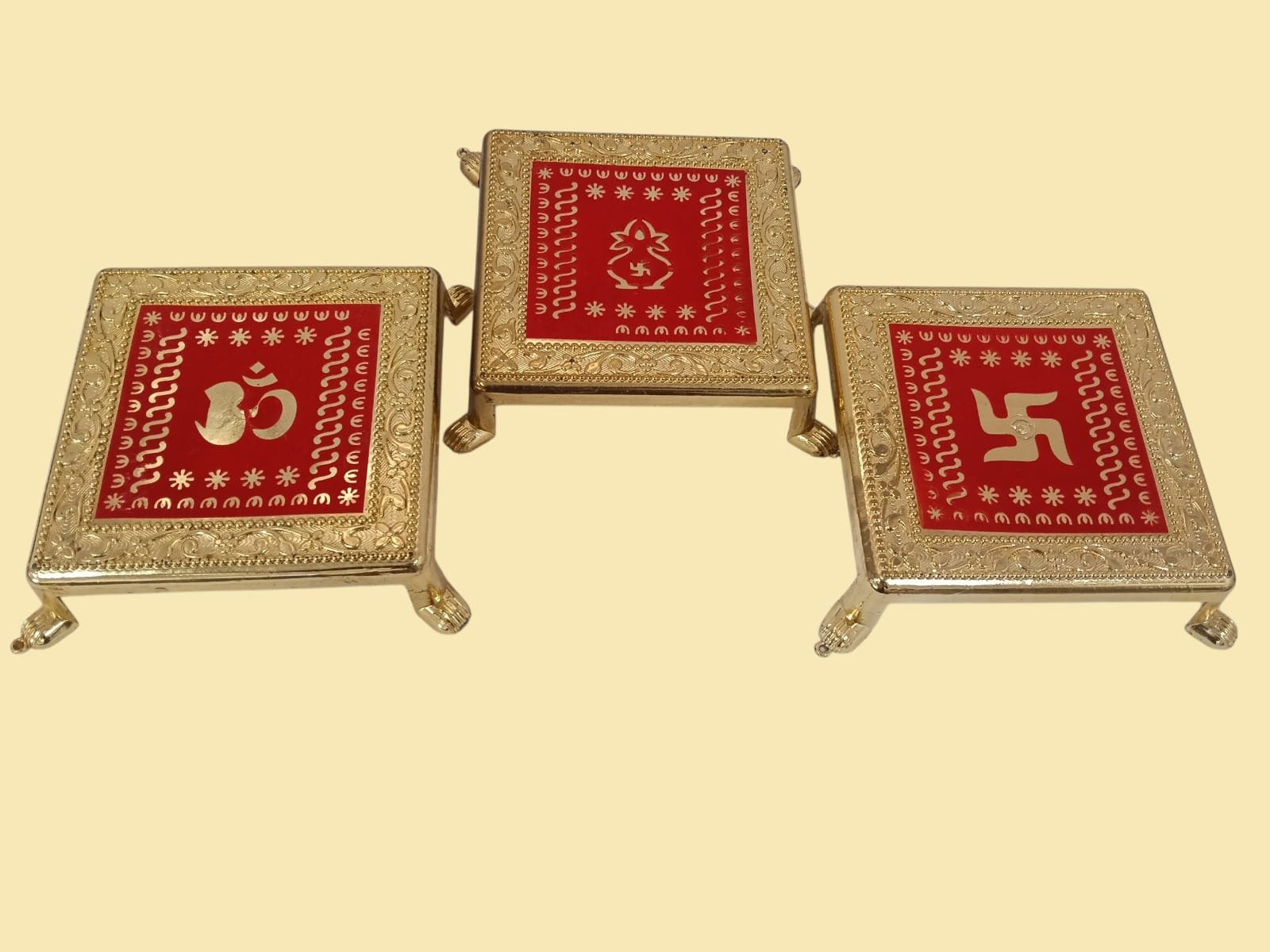 11347 Decorative Swastik, Om, Kalash Chowki, Gold-Plated Plastic Stand with Red Enamel Design 15 Cm