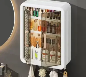 10767 Wall Mounted Bathroom Storage Cabinet with 5 Hooks | Double Door Medicine Cabinet | Waterproof Wall Shelf for Cosmetics & Toiletries