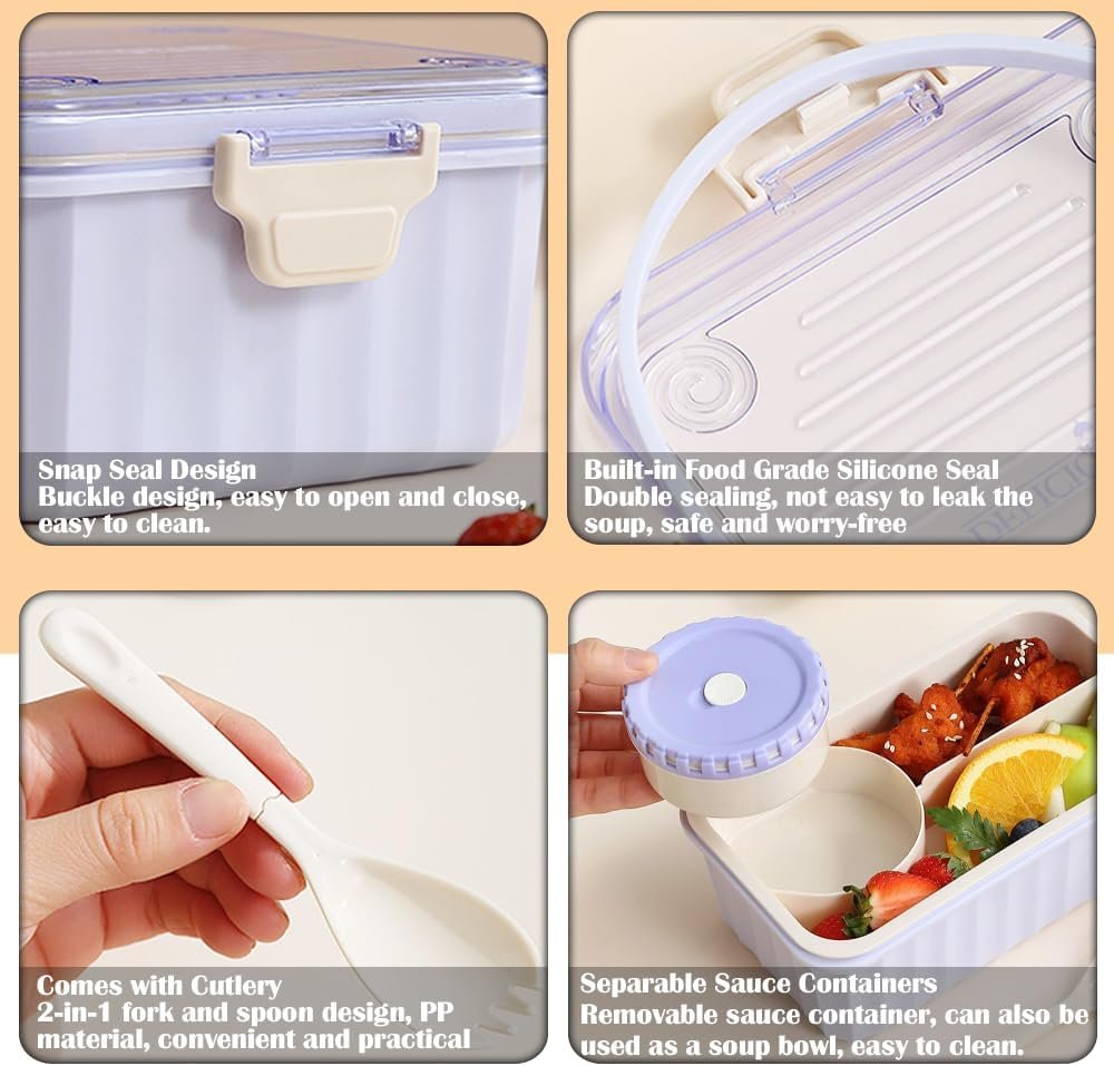 1765 Lunch Box 2000 ml BPA-Free Lunch Box for Children/Adults with Soup Bowl and Cutlery and 3 Compartments Microwave Safe Bento Boxes for Picnic School Work - Image 4