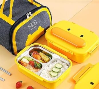 10669 Kids Bento Lunch Box, 316 Stainless Steel, 3-Compartment, Insulated Yellow Duck Design