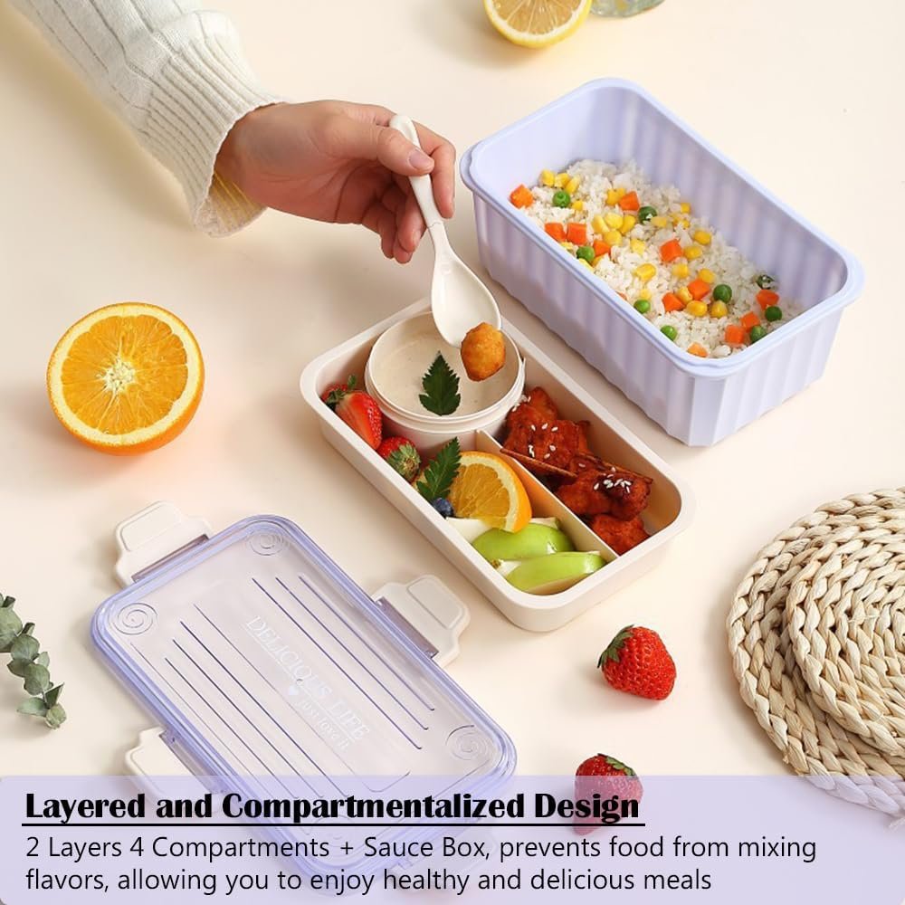 1765 Lunch Box 2000 ml BPA-Free Lunch Box for Children/Adults with Soup Bowl and Cutlery and 3 Compartments Microwave Safe Bento Boxes for Picnic School Work - Image 2