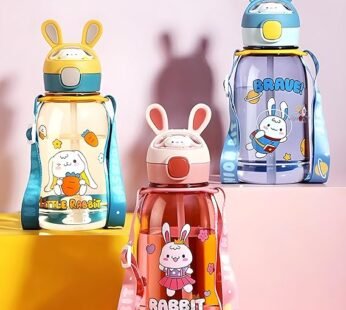 10051 Rabbit Theme Water Bottle for Kids with Straw and Adjustable Strap
