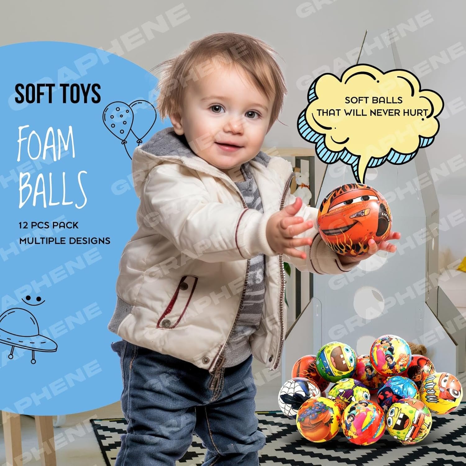 10142 (12 Pcs) Soft Squeeze Foam Sponge Balls with Cartoon Prints Ball - Image 3