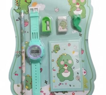 GBT-8454 6 in 1 Stationery Gift Set for Children , Stationery Supplies Bundle with Digital Watch, Sharpener, Eraser,  Pencils, Notebook & Cap Return Gift for Kids